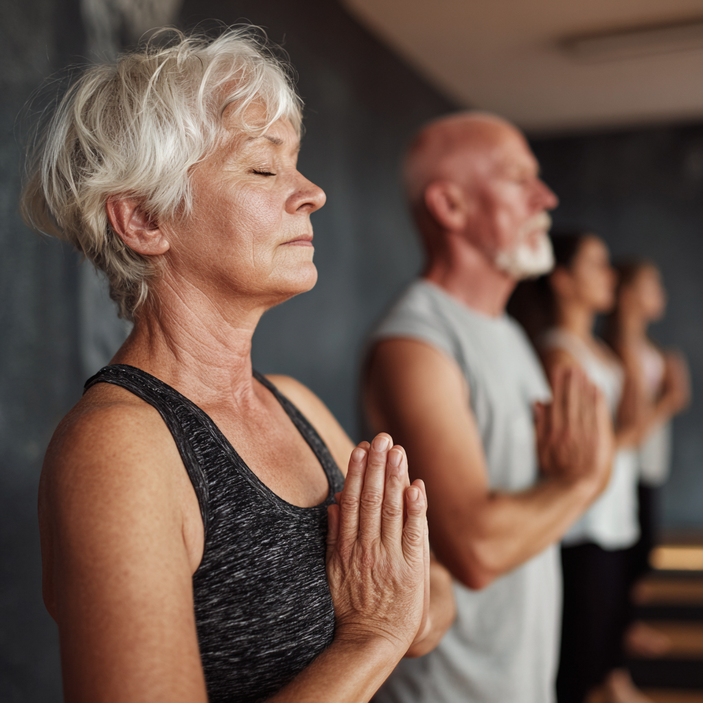 Peaceful senior practicing yoga poses with focus on breathing techniques